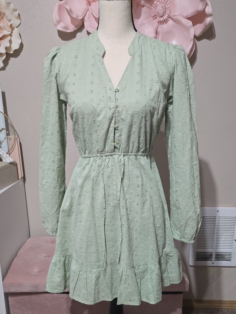 Jessica Simpson Mint Green Eyelet Long Sleeve Mini Dress